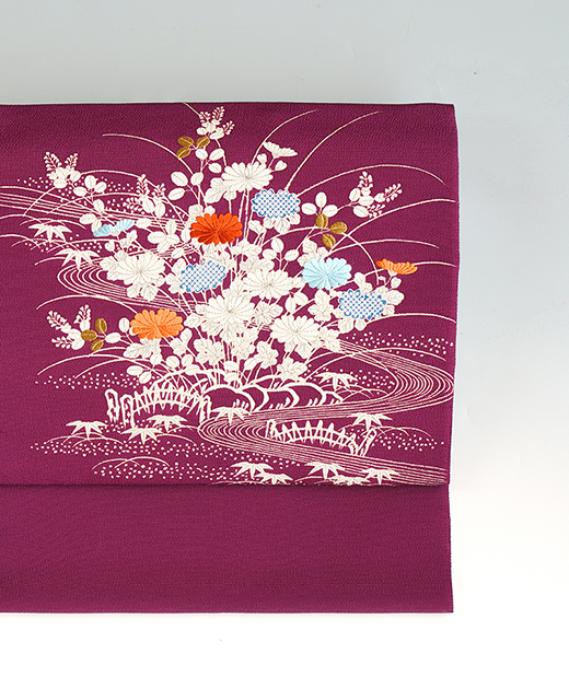 京都小阪：真糊糸目と京刺繍の染め帯『古代紫 御所解模様』