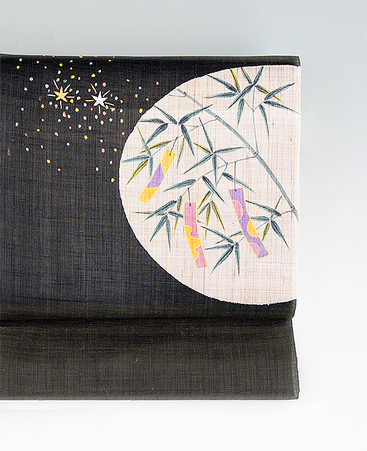 夏とお単衣：麻染め帯『笹に短冊』