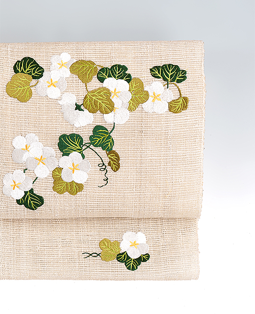 夏季とお単衣：絽紬 刺繍 夏帯『夕顔』